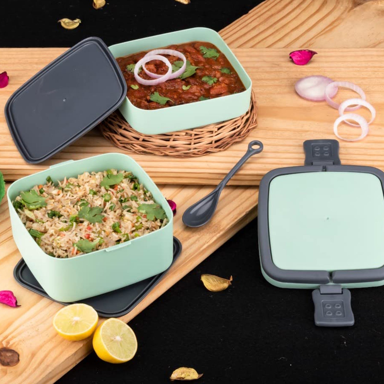 2837 Green Double-Layer Portable Lunch Box Stackable with Carrying Handle and Spoon Lunch Box DeoDap 2837 Green Double-Layer Portable Lunch Box Stackable with Carrying Handle and Spoon Lunch Box DeoDap